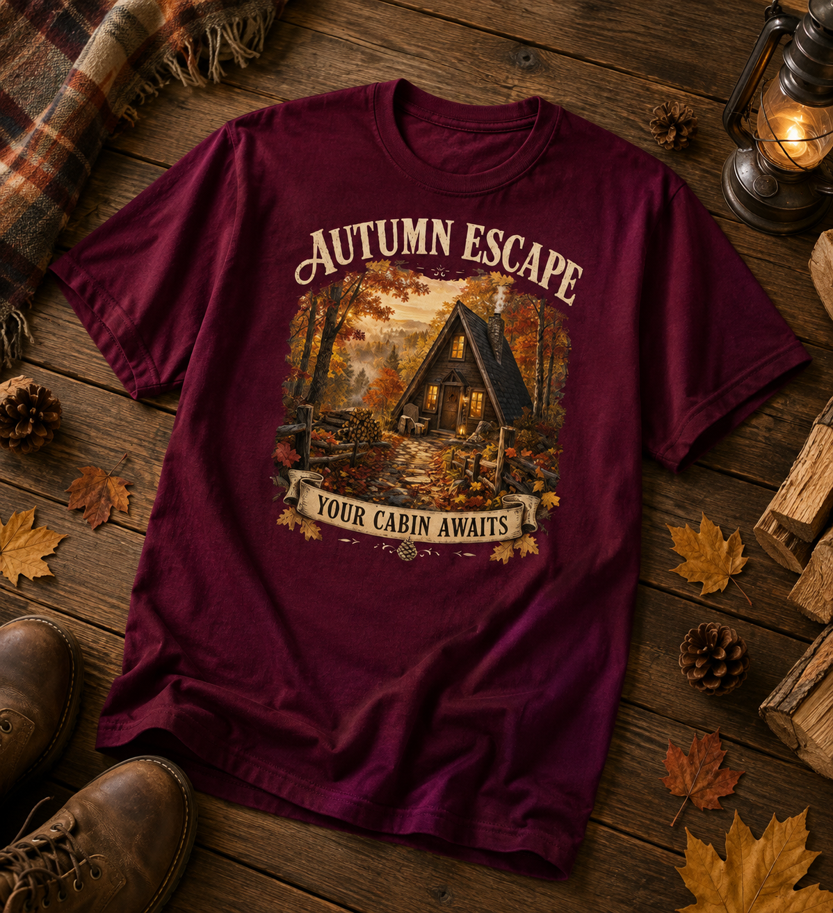 Autumn Escape T-Shirt | Vintage Cabin Graphic Tee for Nature Lovers