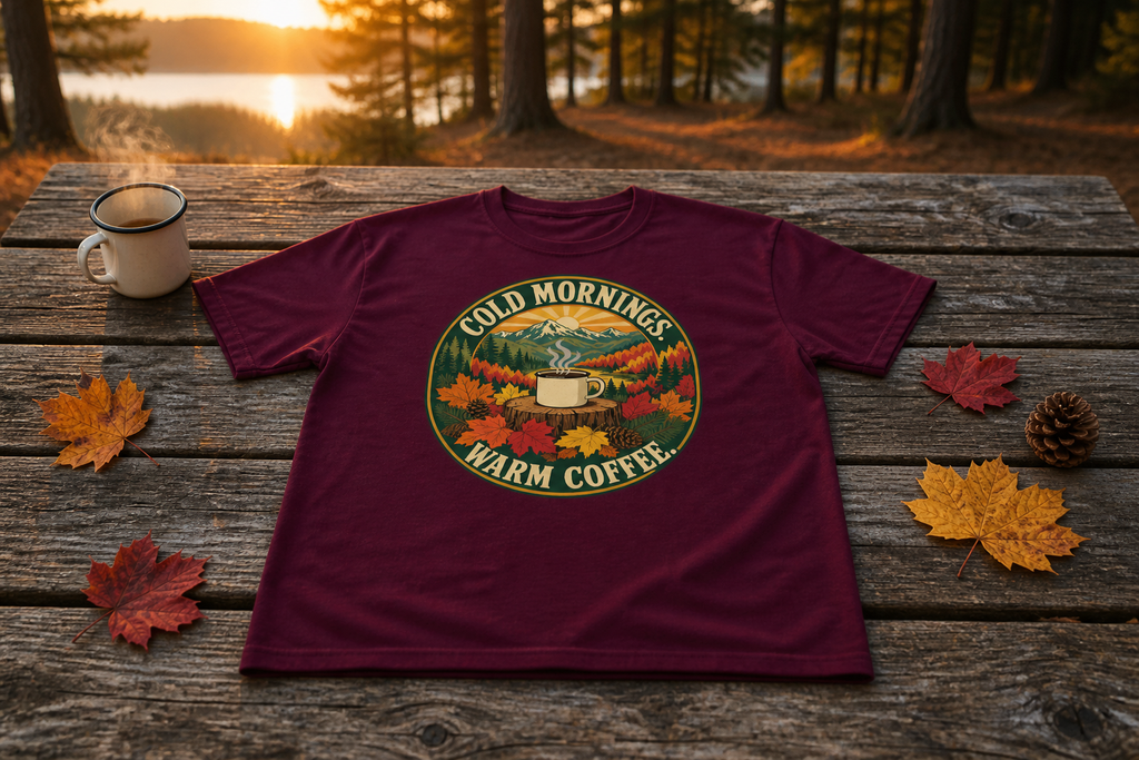 Cold Mornings. Warm Coffee. Outdoor Graphic T-Shirt | Comfort Threads