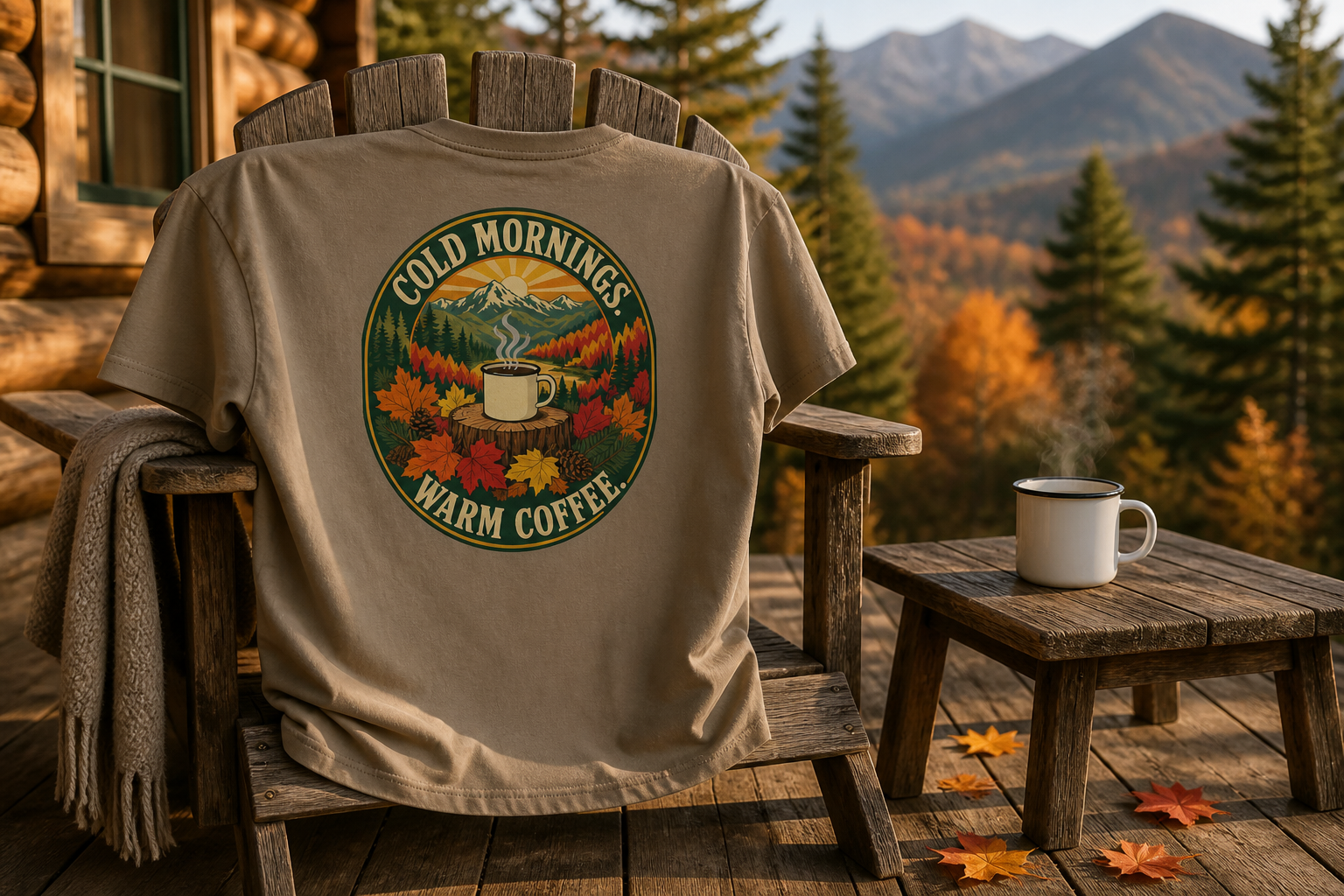 Cold Mornings. Warm Coffee. Outdoor Graphic T-Shirt | Comfort Threads
