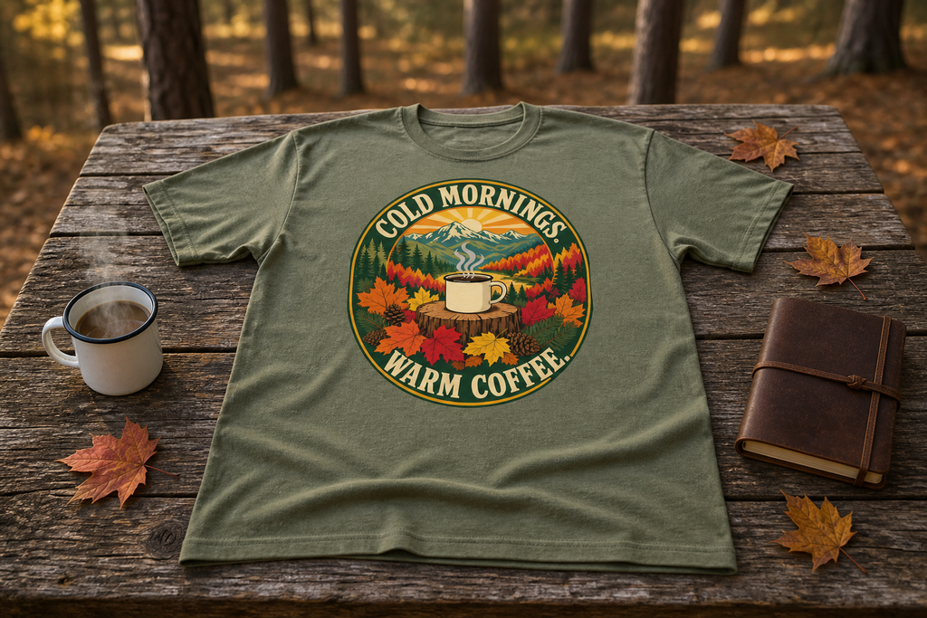 Cold Mornings. Warm Coffee. Outdoor Graphic T-Shirt | Comfort Threads
