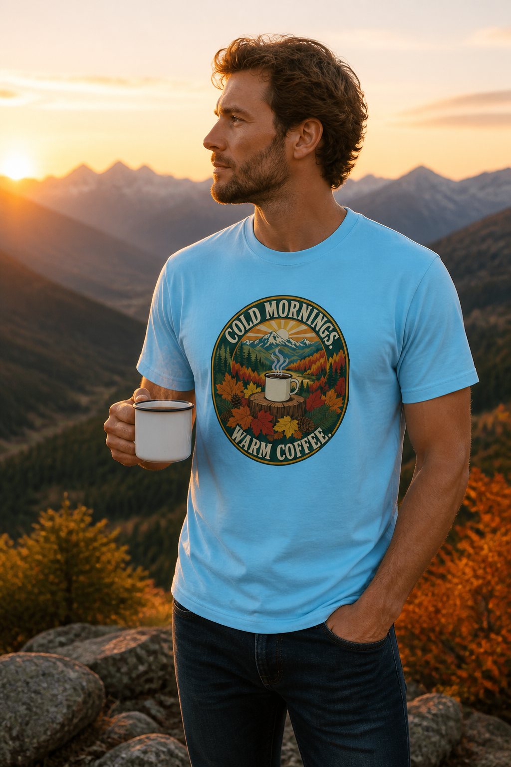 Cold Mornings. Warm Coffee. Outdoor Graphic T-Shirt | Comfort Threads