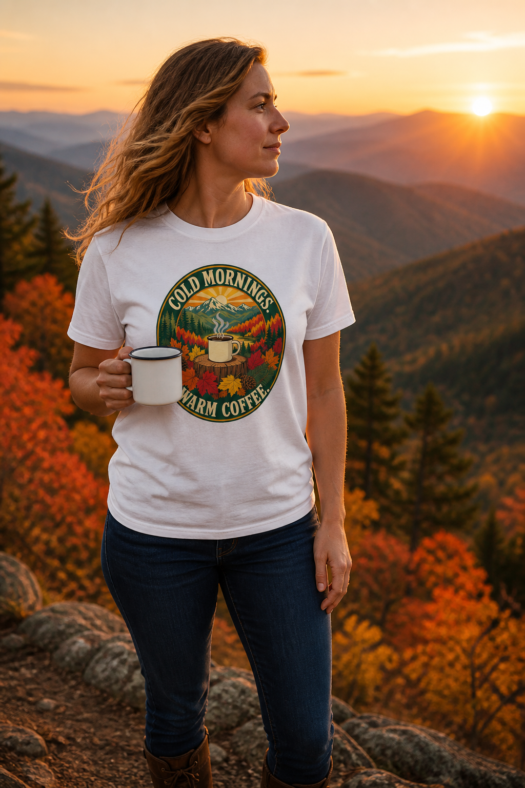 Cold Mornings. Warm Coffee. Outdoor Graphic T-Shirt | Comfort Threads