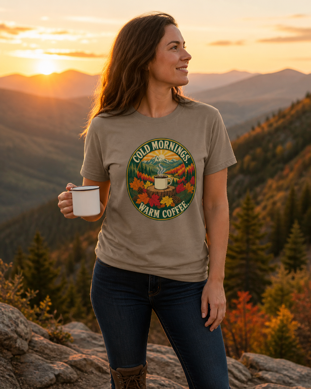 Cold Mornings. Warm Coffee. Outdoor Graphic T-Shirt | Comfort Threads