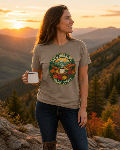 Cold Mornings. Warm Coffee. Outdoor Graphic T-Shirt | Comfort Threads