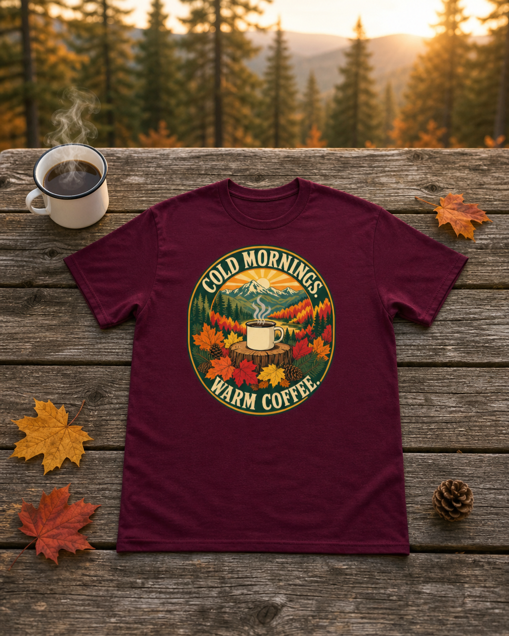 Cold Mornings. Warm Coffee. Outdoor Graphic T-Shirt | Comfort Threads
