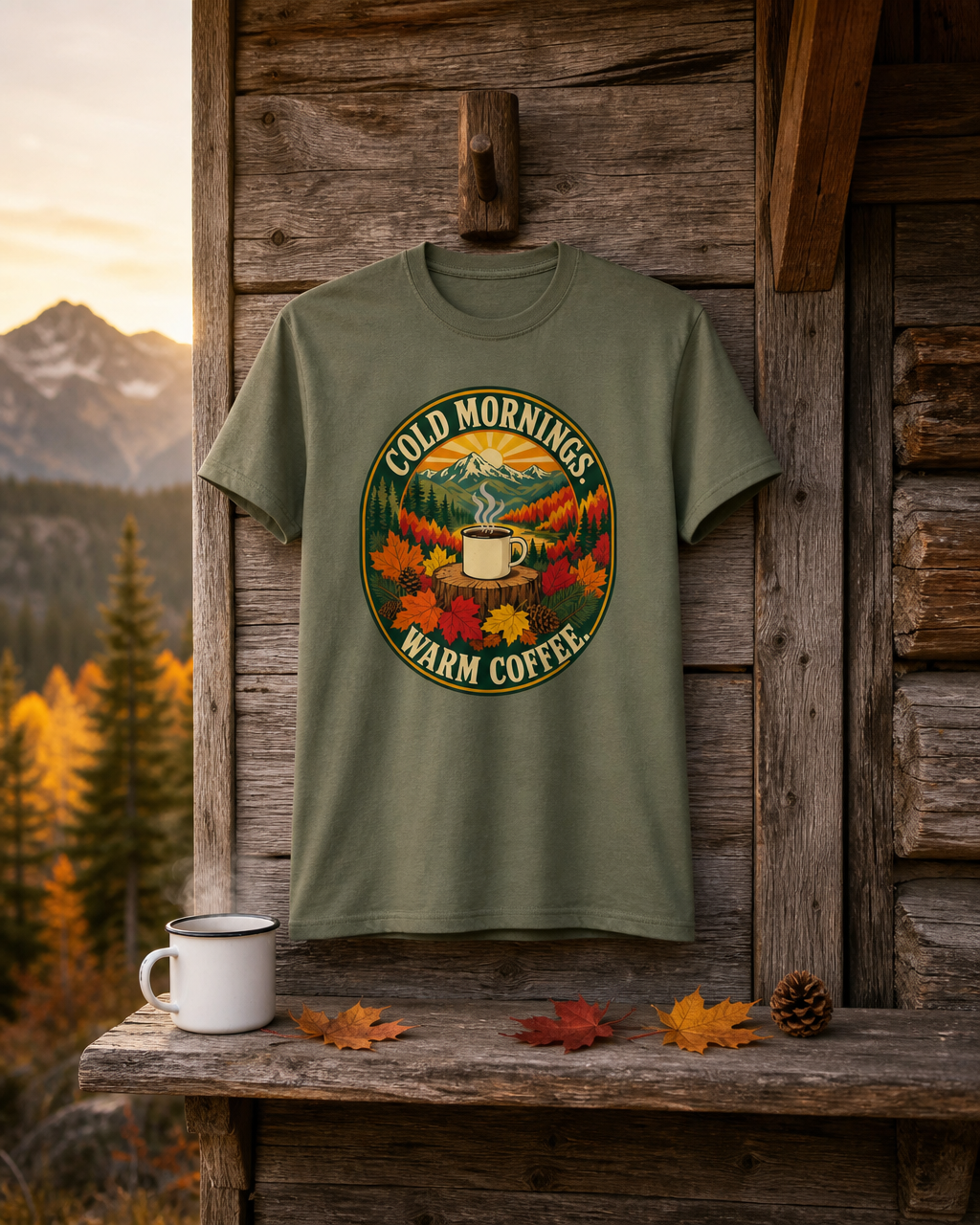 Cold Mornings. Warm Coffee. Outdoor Graphic T-Shirt | Comfort Threads