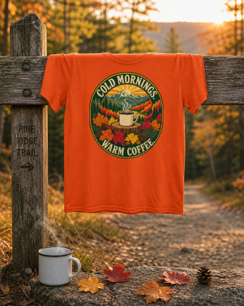 Cold Mornings. Warm Coffee. Outdoor Graphic T-Shirt | Comfort Threads