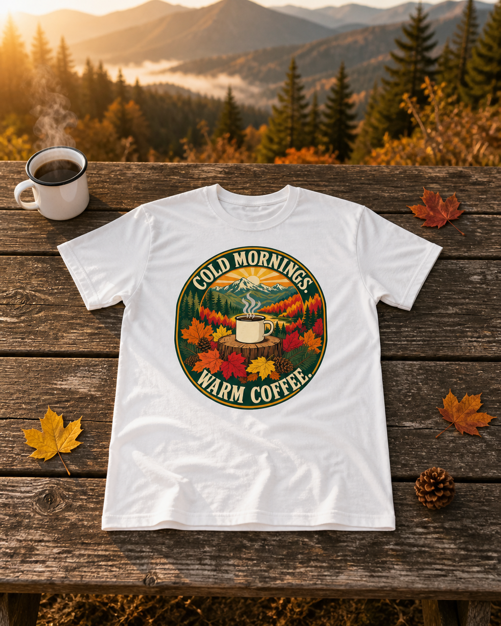 Cold Mornings. Warm Coffee. Outdoor Graphic T-Shirt | Comfort Threads